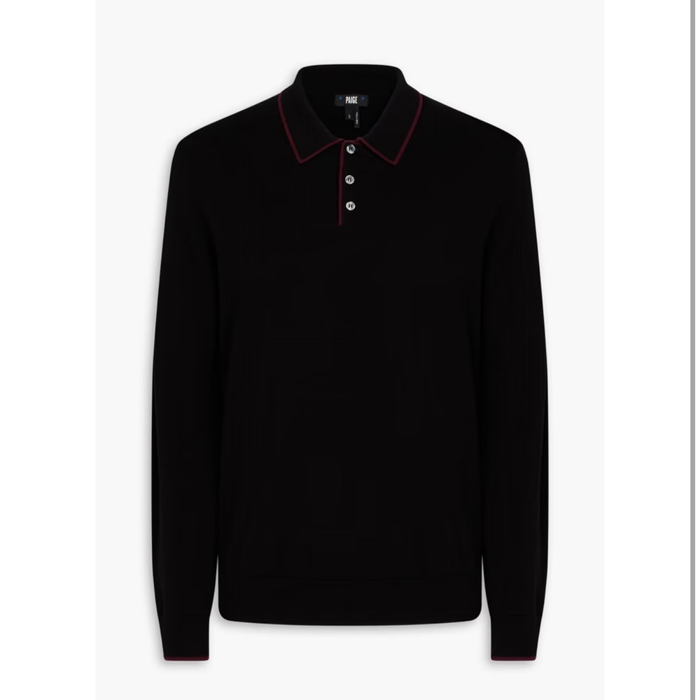 PAIGE Black Dobson Crewneck Polo Sweater with Maroon Trim